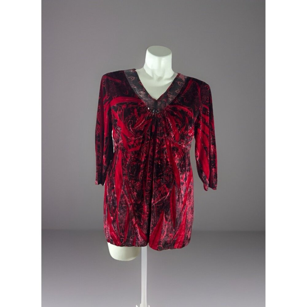 Apt 9 Women’s Size 2X Top Red And Black Velour Tunic 3/4 Sleeve V-neck shirt